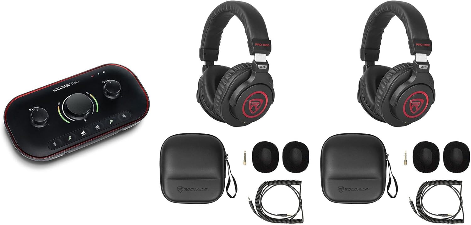 Audiosavings Bundle: Focusrite Vocaster Two USB-C Podcast Podcasting Studio Audio Recording Interface Bundle with (2) Rockville PRO-M50 SR Studio Headphones (3 Items)