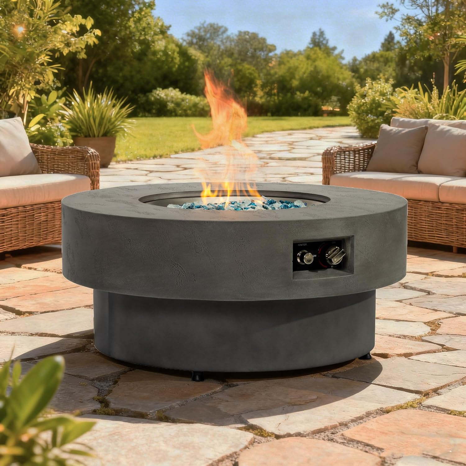34-Inch Propane Fire Pit Table with Lid, 2-in-1 Patio Coffee Table, 50,000BTU Outdoor Gas Fire Pit Table with Burner Lid, Glass Rocks & Cover for Patio Deck Garden
