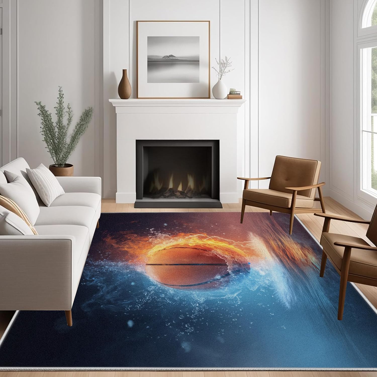 Basketball Rug & Home Decor, Sports Flame Washable Rug 8x10, Fire and Water Rugs for Living Room Bedroom - Non Slip Soft Indoor Large Area Rug, Carpet Kitchen Room Decor