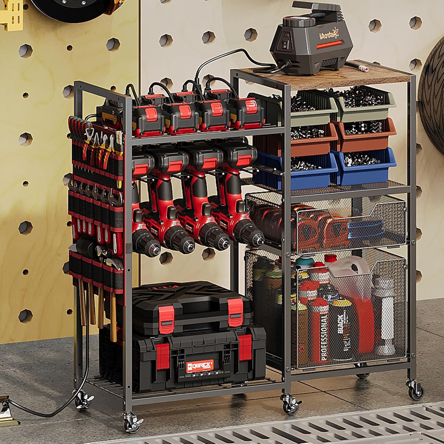 Large Power Tool Organizer Cart with Charging Station, 8 Slots for Cordless Drill Holder with Drawers, Rolling Storage Cart with 8 Power Outlet Heavy Duty Garage Organizer with Wheels for Men