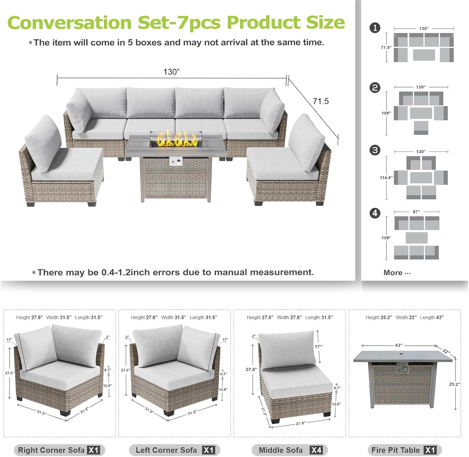 Patio Furniture Set Q01 Series Sofa 7 Pieces Outdoor Furniture Set Sectional Couch with Fire Pit Table Balcony Furniture Patio Table and Chairs Set with Propane Fire Pit