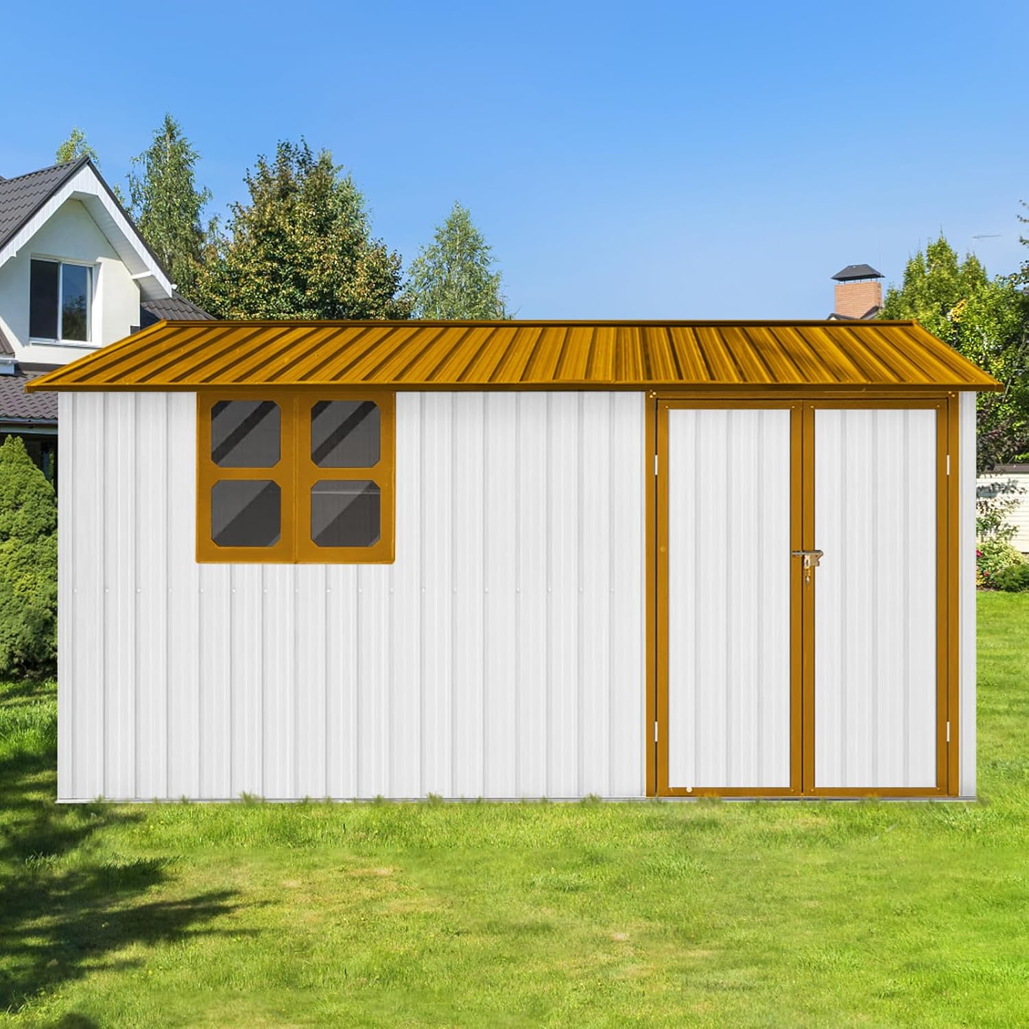 Metal Garden Shed 12ft x 10ft Outdoor Storage Shed with Window, White+Yellow Apex Roof, Waterproof & Rust-Resistant Tool House for Backyard Lawn Garden