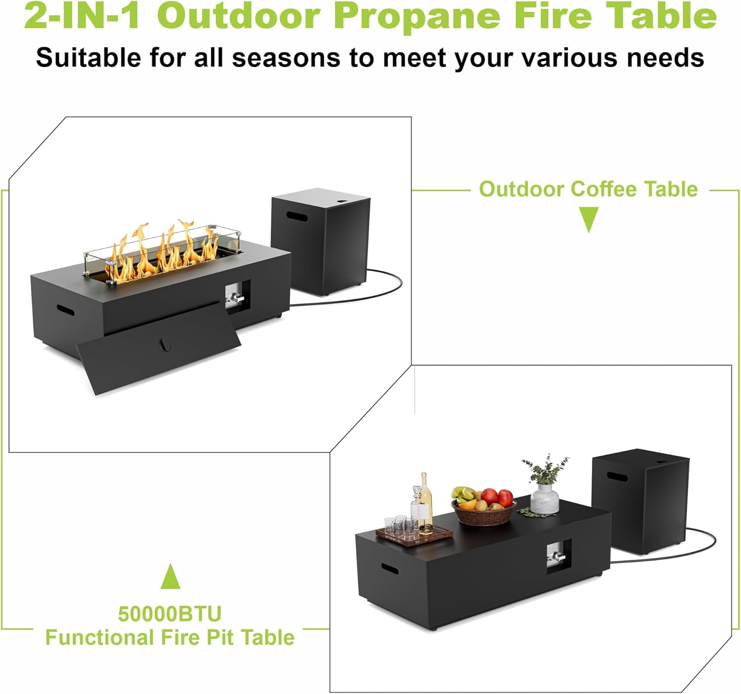 Dineli 2-Piece Outdoor Propane Fire Pit Table Set w Tank Table 42'' Rectangular Firepit Gas Fire Pits for Outside Patio Table Fire Pit w LED, 50,000 BTU (Black, with Warmlight)