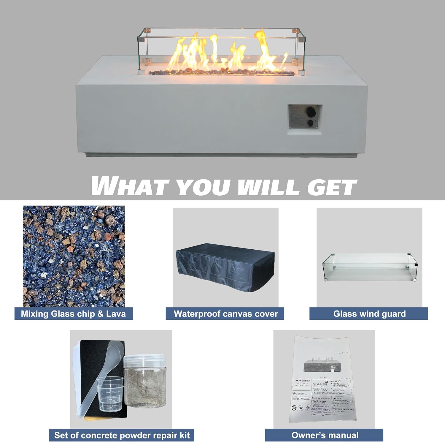 GOWE 52 Inch Outdoor Concrete Propane Gas Rectangle Fire Pit Table in Antique White Color