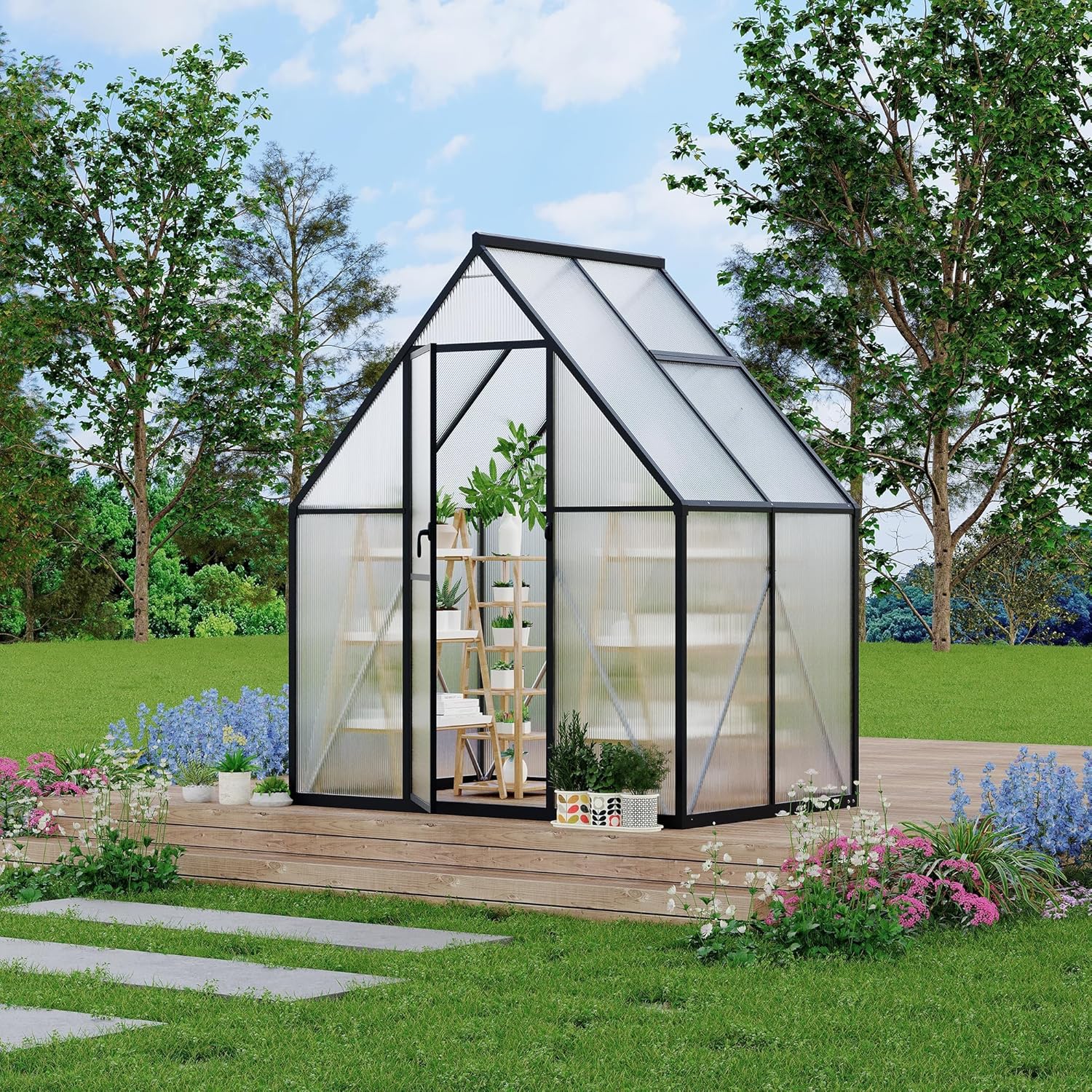 CABIHOME 6×4 FT Walk-in Greenhouse for Outside, Polycarbonate Greenhouse with Quick Setup Structure, Roof Vent and Ventilation for Outside Garden Backyard, Patio,Black