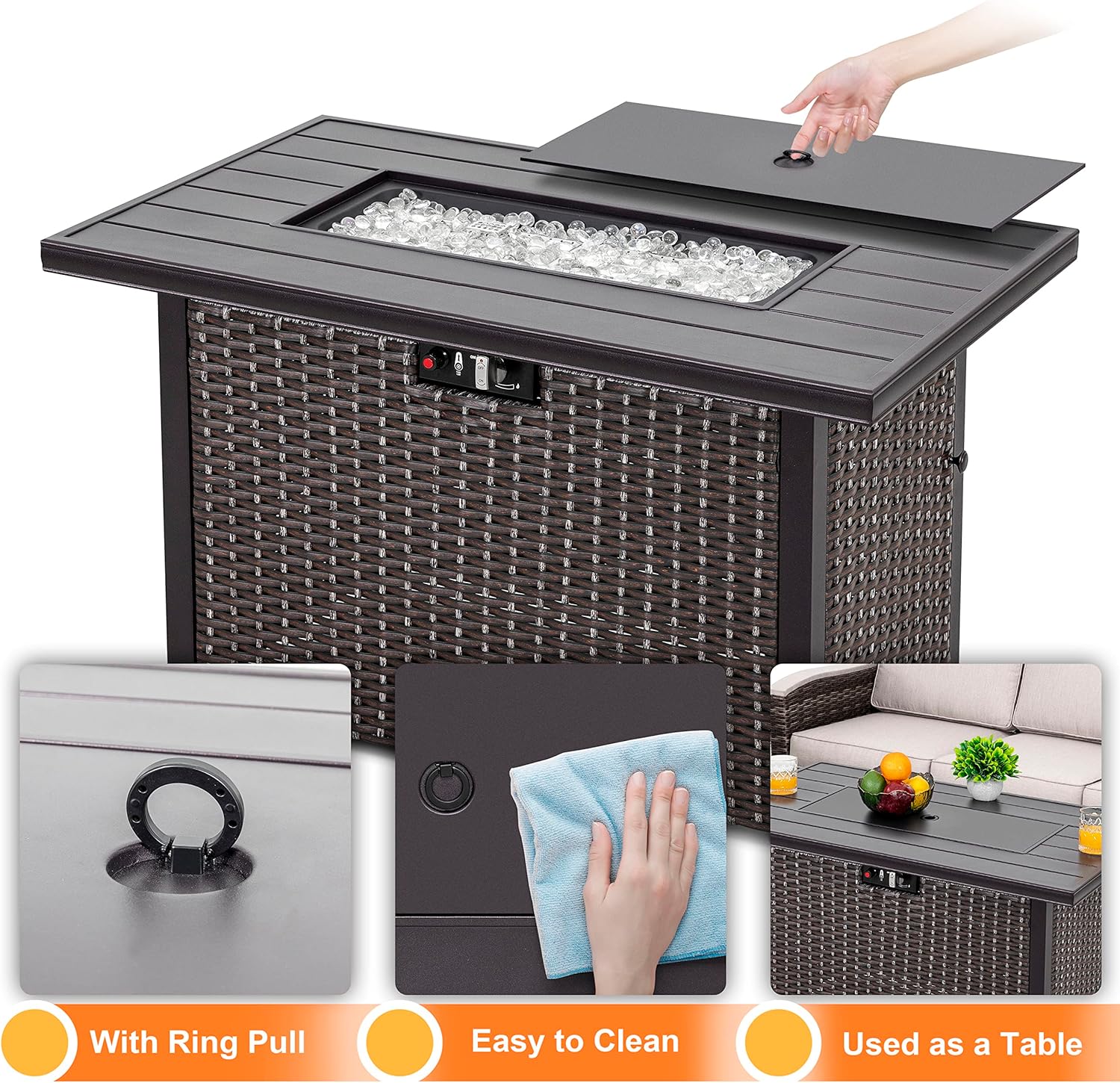 Nuu Garden 43 Inch Propane Fire Pit Table, CSA Certified 50,000 BTU Outdoor Patio Propane Fire Pit Table with 7 lbs Glass Stone & Removable Lid, Aluminum Tabletop, Water-Proof Oxford Cover, Brown