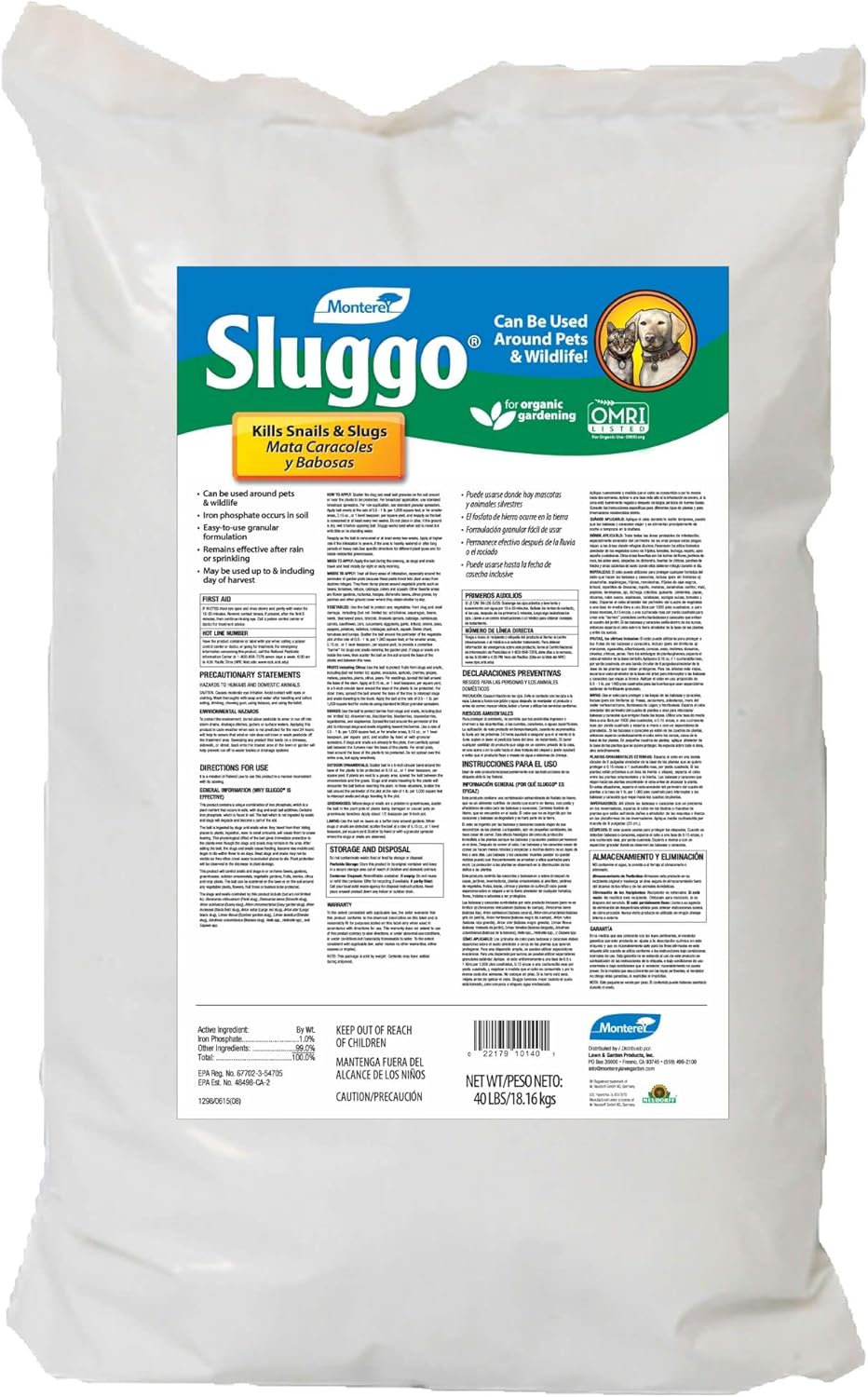 Monterey Sluggo - Organic Gardening Slug Bait & Killer, Wildlife and Pet Friendly, 40 Pounds