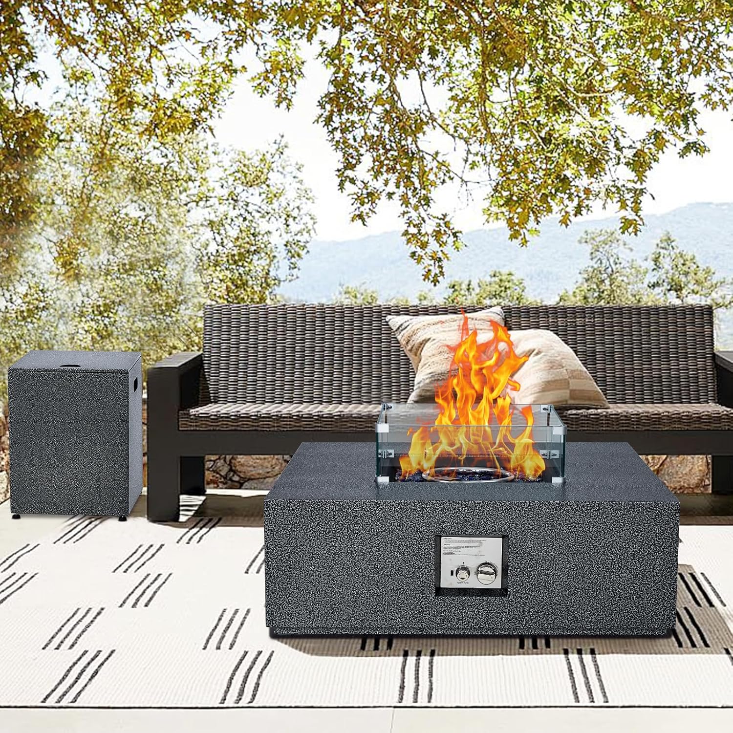 2-Piece Outdoor Propane Firepit Table Set w Tank Table, 36 inch Square Fire Table 50,000 BTU w 16 inches Tank Side Table, Wind Guard, Lava Rocks & Rain Cover for Garden, Pool, Porch, Backyard