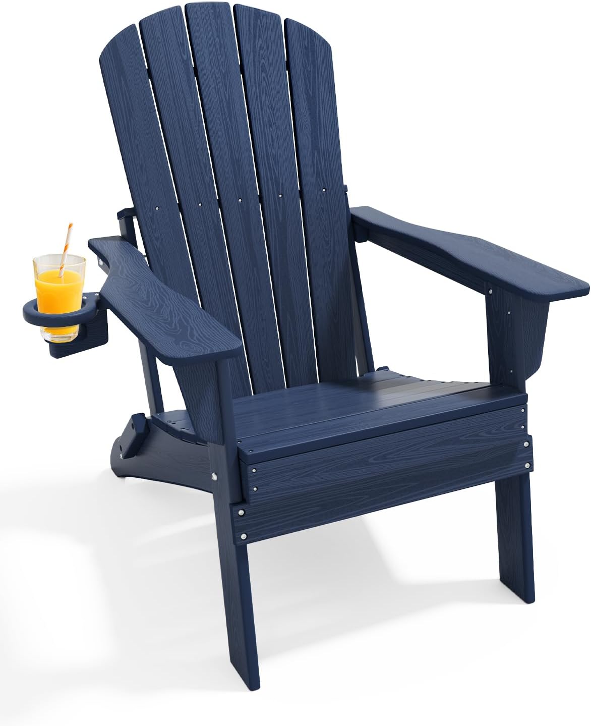 Upgraded Folding Adirondack Chair with All-Weather Cup Holder-EcoVida, Premium Wood Grain Texture, HDPE Waterproof, Suitable for Fire Pit, Patio, Porch, Navy