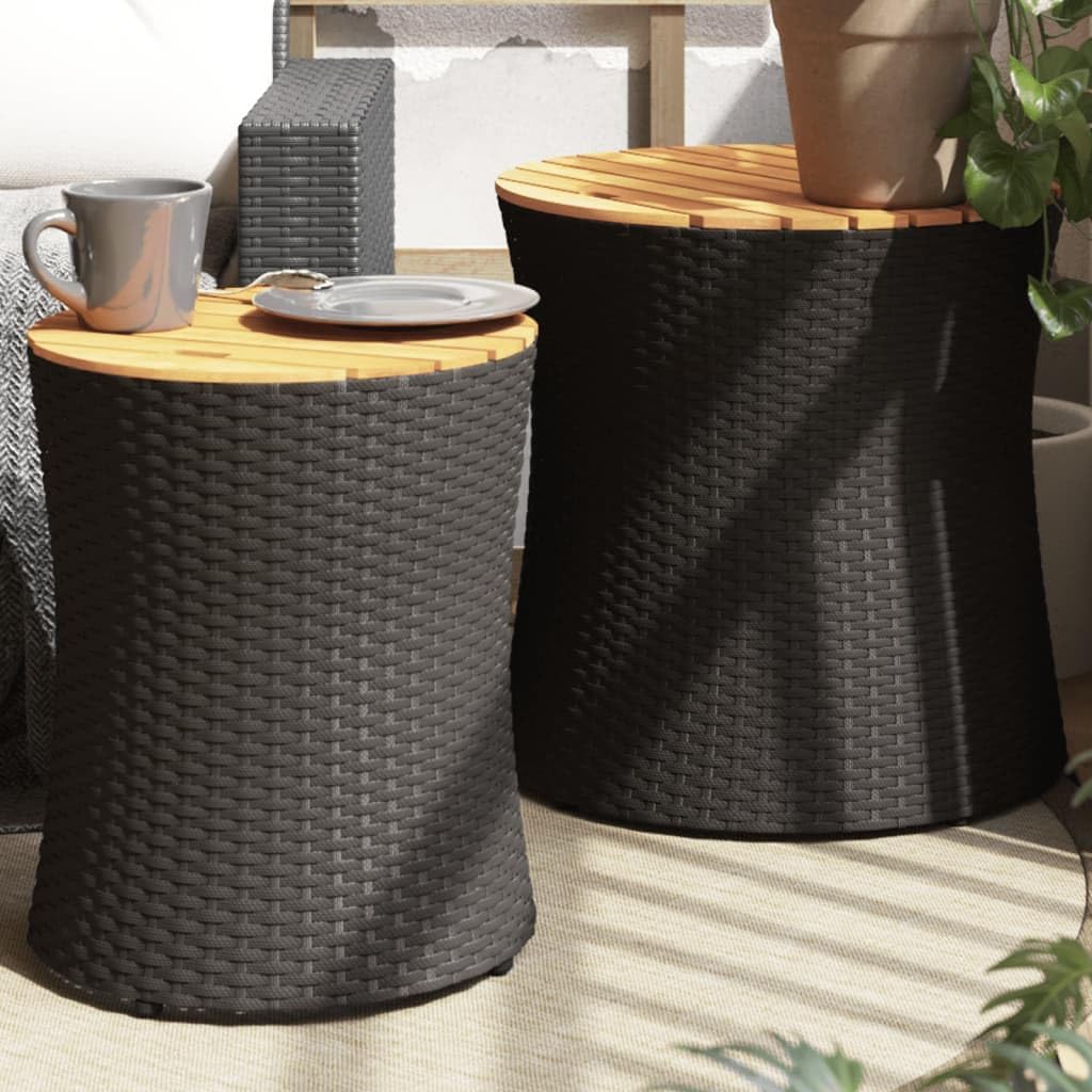 Patio Side Tables 2 pcs with Wooden Top Black Poly Rattan,Elegant Rattan Side Tables with Acacia Top for Outdoor Use: Durable and SpaceSaving Garden Tables, Patio Furniture, Outdoor Furniture