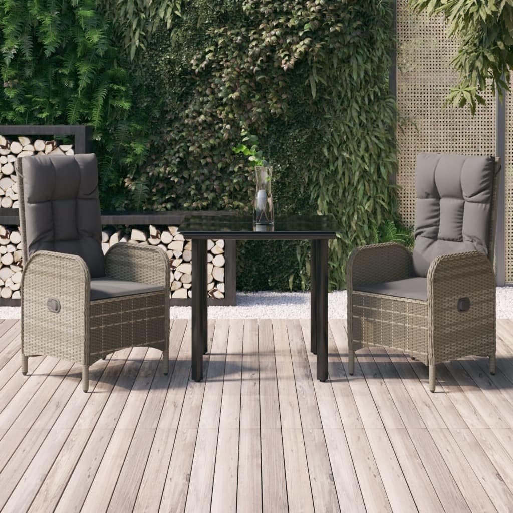 Furniture Sets 3 Piece Patio Dining Set with Cushions Black and Gray Poly Rattan,Stylish and Durable Outdoor Dining Set with Reclining Chairs for Comfortable Relaxation in Your Garden Garden Conversat