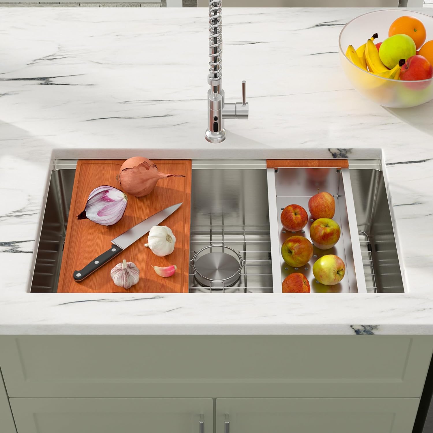 Dcolora 33 in. Undermount Single Bowl Workstation Stainless Steel Kitchen Sink 16 Gauge 304 Handmade Welding with Accessories, Round Corner 33