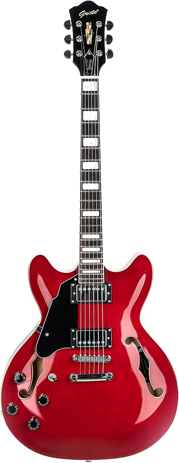 Grote Full Scale Left-Handed Electric Guitar Semi-Hollow Body Guitar Stainless Steel Frets(Cherry red)