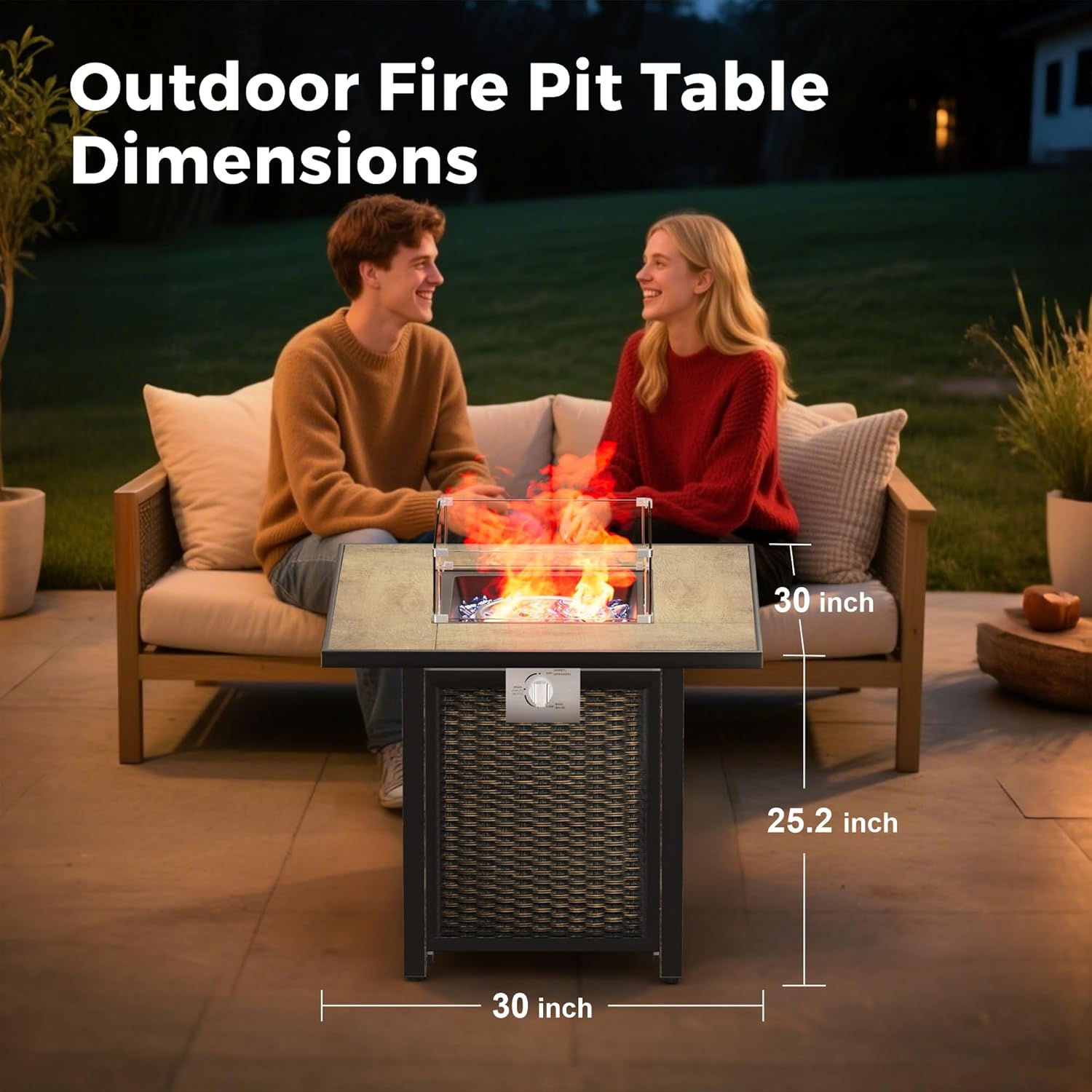 30 Inch Square Outdoor Fire Pit Table with 50,000 BTU Output, Premium Gas Fire Pit Tables for Outside Patio, Propane Fire Pit with Windshield, Glass Stones, Waterproof Cover (Gold Black, 30 inch)