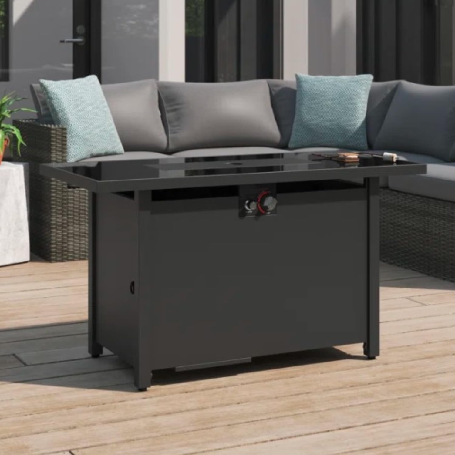 Modern Steel Outdoor Fire Pit Table with Lid, 25 Inch High x 42 Inch Wide, Rust Resistant for Patio, Deck, and Garden Use B120P199398