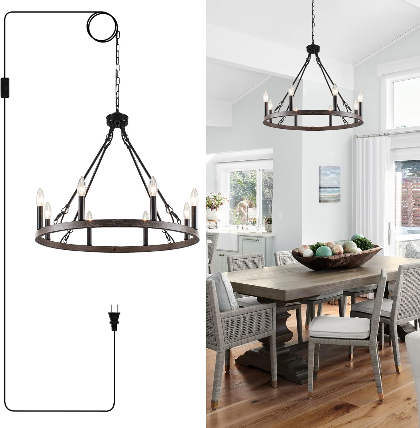 ETONIMERR Plug in Chandelier Wagon Wheel, 8 Light 23.6'' Round Farmhouse Hanging Light with Plug in Cord, Dining Room Plug in Pendant Light with Wood Grain Finish,Outdoor Chandelier for Gazebo Porch