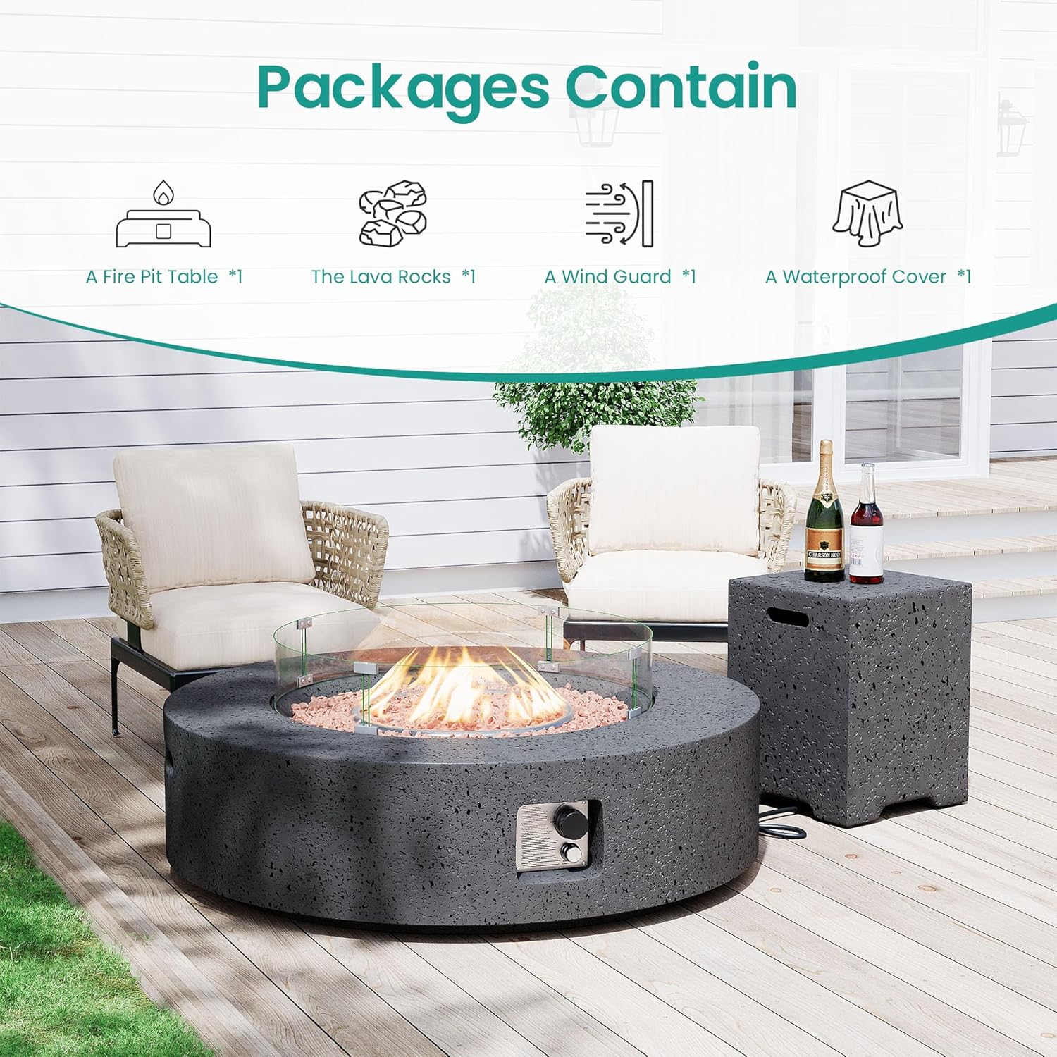 SUNBURY 42in Round Outdoor Fire Pit, Propane Gas Patio Fire Table, CSA Certified, 50000 BTU Firepit with Lava Rocks, Wind Guard, Propane Tank Cover, Waterproof Cover (Grey)