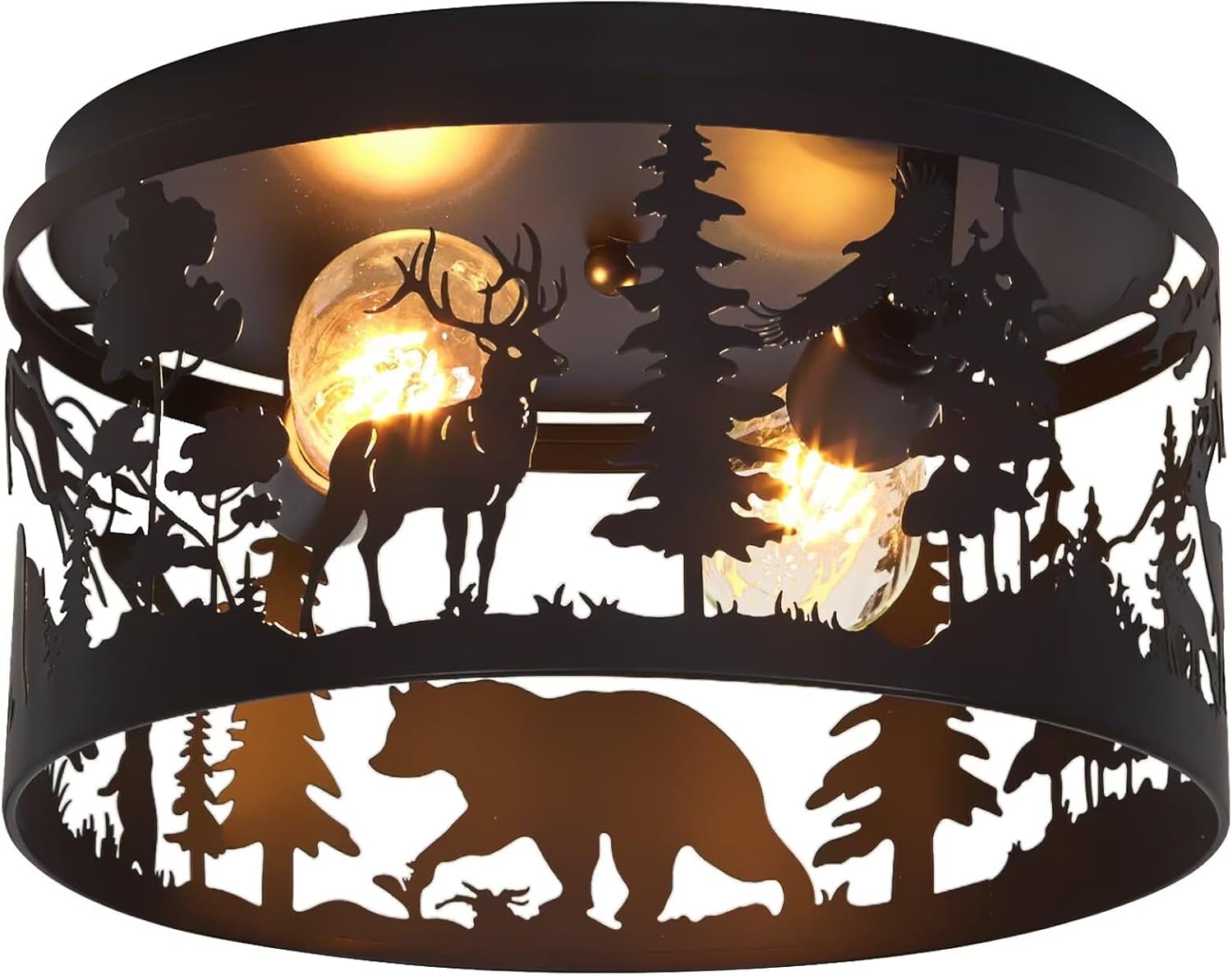 Rustic Farmhouse Flush Mount Ceiling Light with Deer & Bear Design, 2-Light E26 Round Metal Fixture for Kitchen, Bedroom, Foyer, Entryway, and Lodge (Bulbs Not Included)