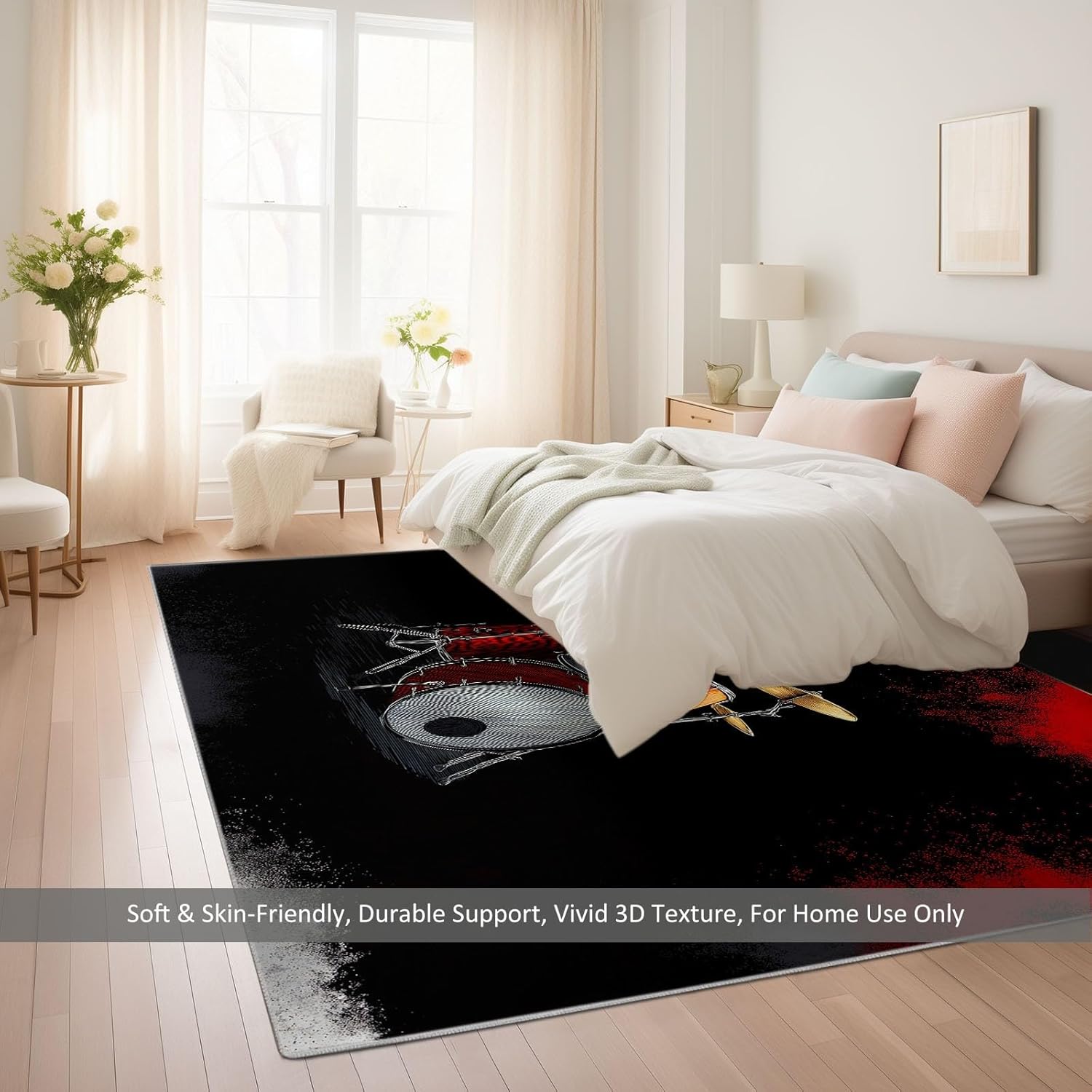 4x6 ft Area Rug for Bedroom, Washable Rugs for Living Room, Musical Instruments Drum Kit Notes Indoor Faux Wool Kids Rug Black Throw Carpets Soft Low Pile Mat for Bedside Entryway
