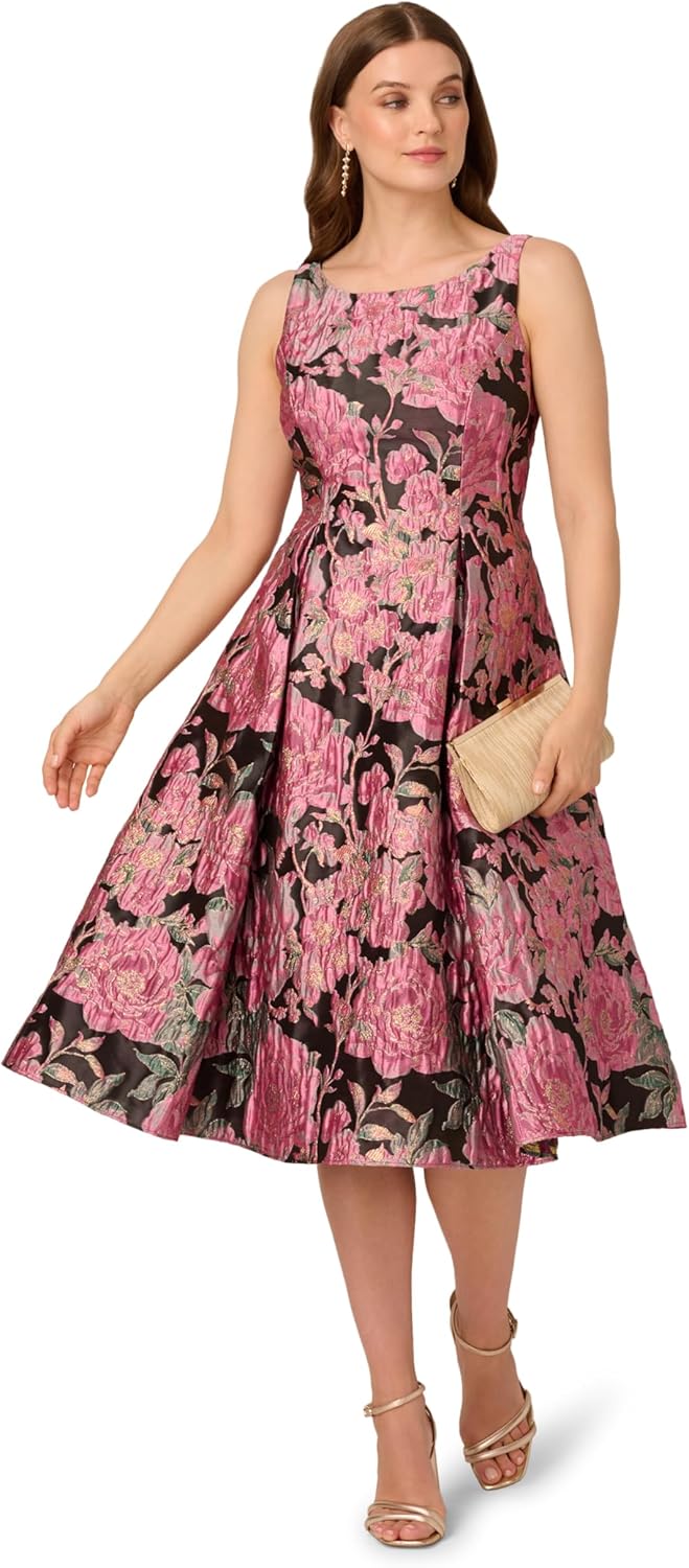 Adrianna Papell Womens Boat Neck Midi Dress