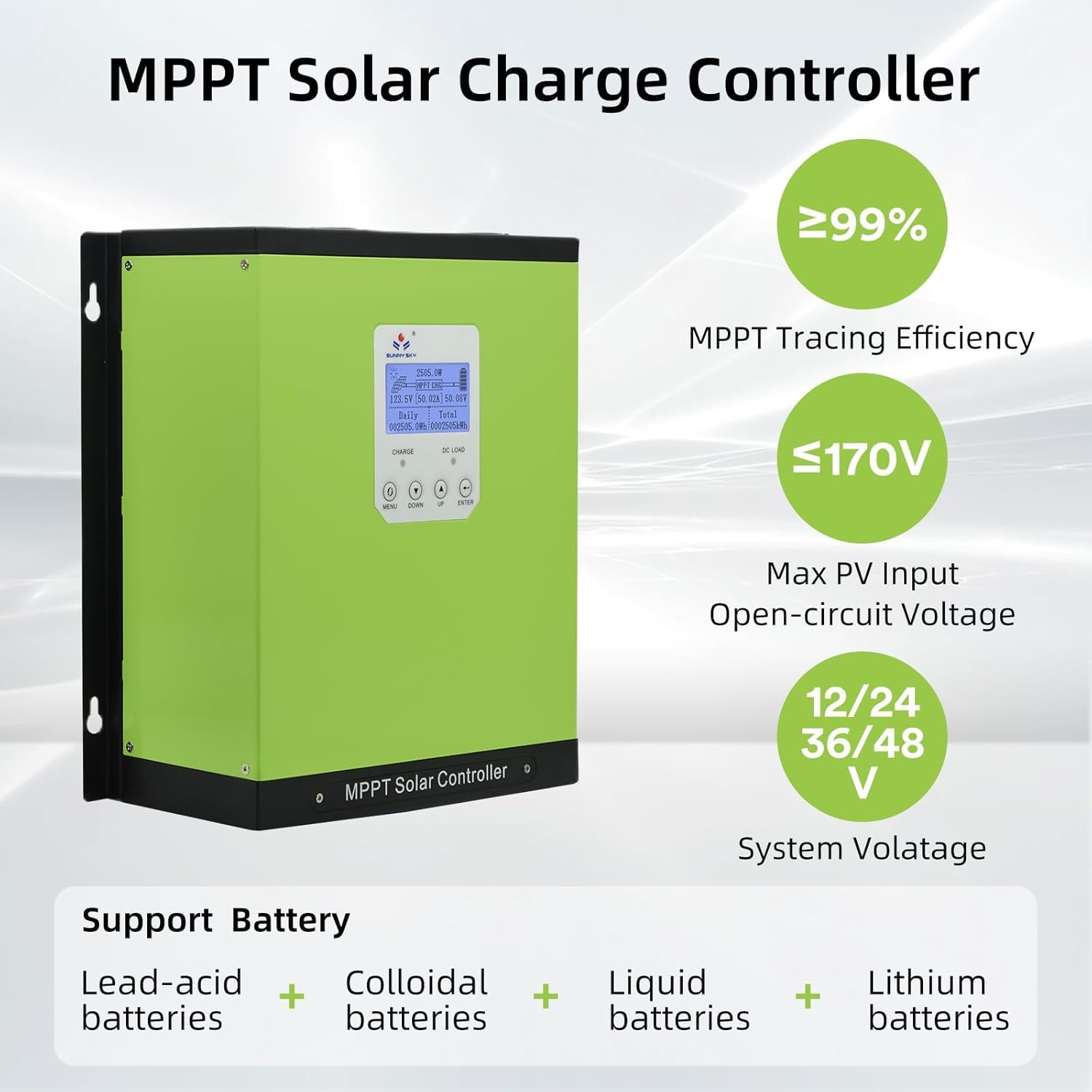 MPPT Solar Charge Controller 40A 60A 80A 120A 12V24V36V48V Auto, Solar Battery Panel Regulator , Max 170v PV Input, fit for Sealed, Gel, Flooded, and Lithium Batteries 570W-6800W (60A)