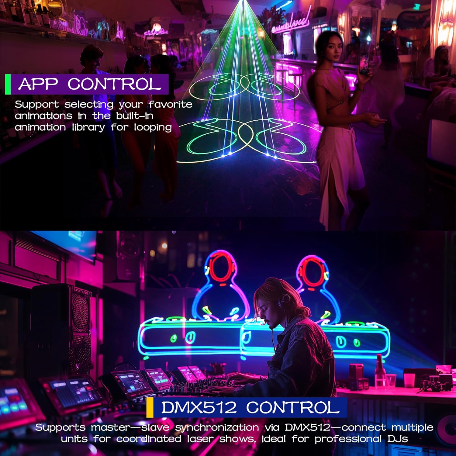 DJ Laser Lights with APP Control, Custom Laser Projector, 3D Animation,Beam Effect,DMX512, Full Color, Supports Text, Programming, Drawings, Sound Activated, Laser Machine for Disco Stage Karaoke Bars