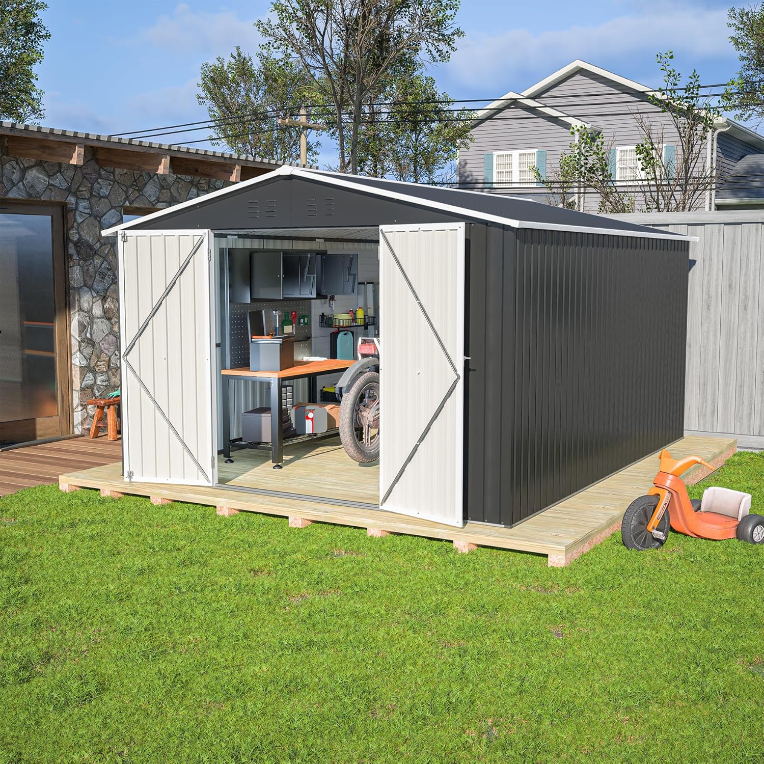 Outdoor Storage Shed Waterproof Metal Garden Tool Bike Sheds Kit, Lean-to Shed Backyard Storage Building Cabinet for House Patio Lawn,10x12 ft Grey 2