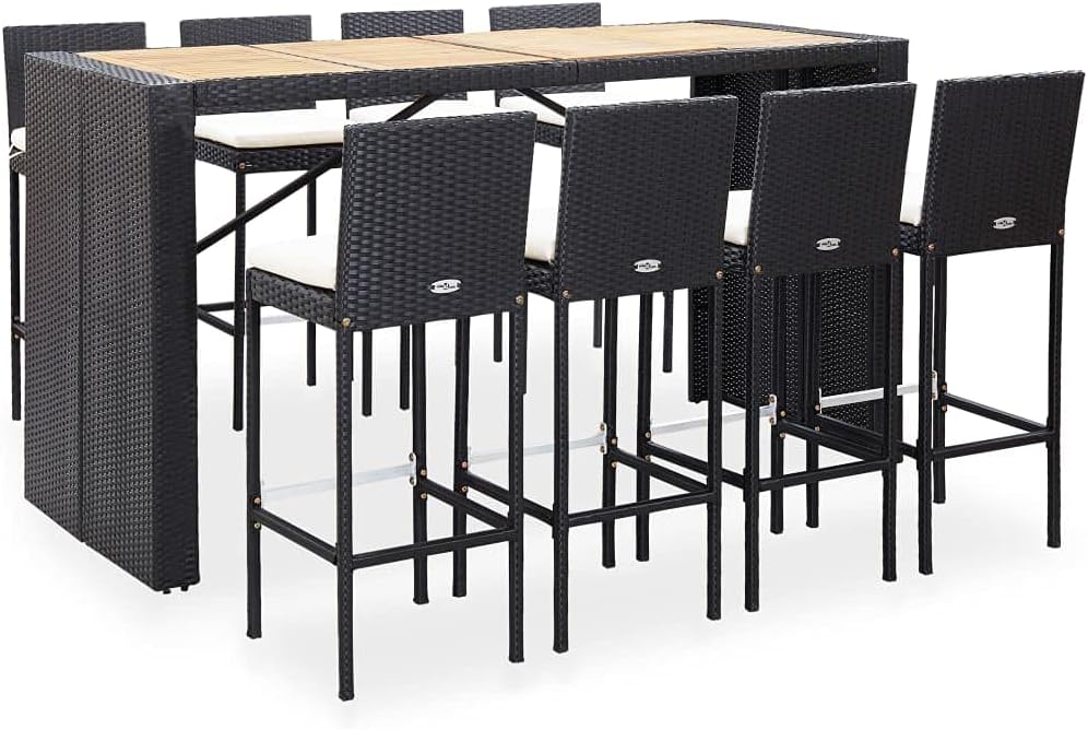 Large Outdoor Bar Set, Black Synthetic Rattan Patio Furniture, Acacia Wood Top, 8 Bar Chairs, Dining Table Set for Garden, Balcony, Porch