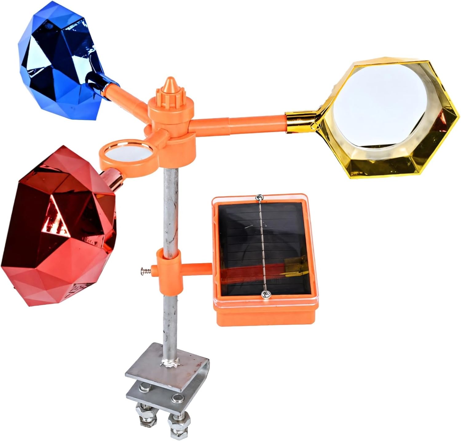 Solar-Powered Bird Repellent with Smart Dual Voice and Light Functions, Sturdy Galvanized Base, Stainless Steel and Plastic for Farms and Orchards