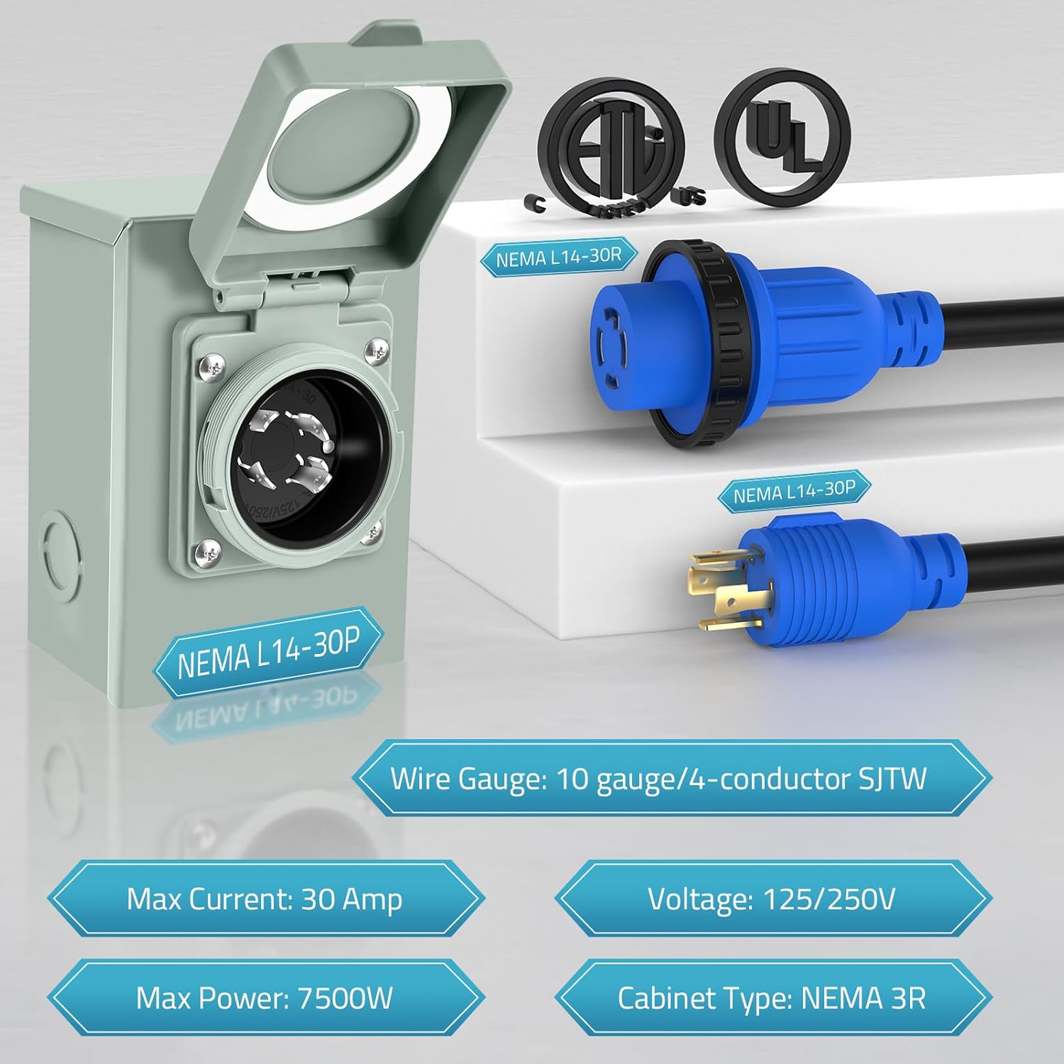 PAULINN 30 Amp Generator Cord (25 FT) and 30Amp Generator Power Inlet Box, NEMA L14-30P to L14-30R Twist Locking Adapter Plug & Cord Organizer, ETL Listed, Weatherproof, Emergency Power Combo Kit