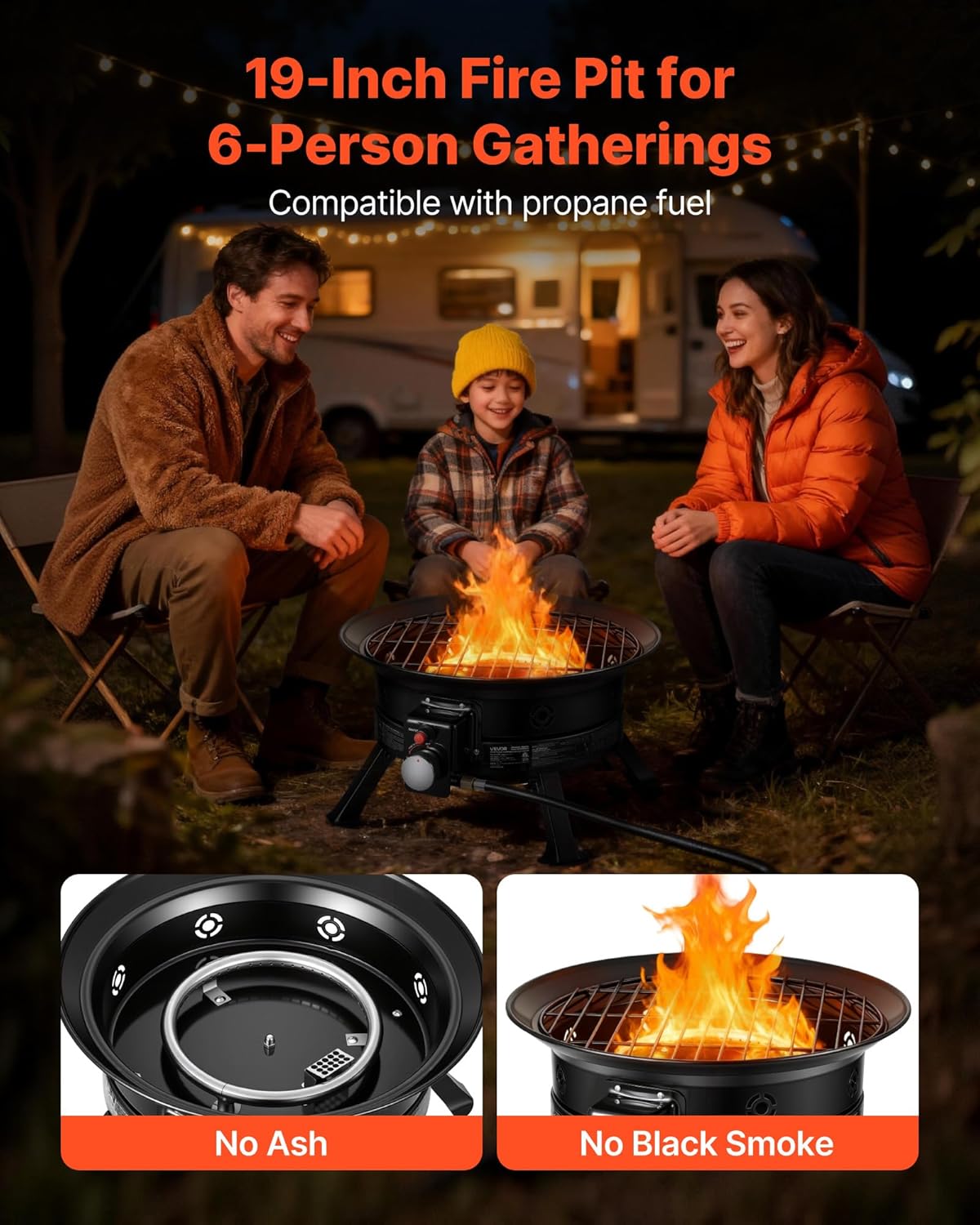 VEVOR Propane Fire Pit 19-Inch, 53,000 BTU Portable Gas Fire Pit, with Grill Grate & Lava Rocks, Adjustable Flame, Folding Legs,Smokeless Outdoor Firebowl for Camping, Patio, Backyard, Deck, RV, Black