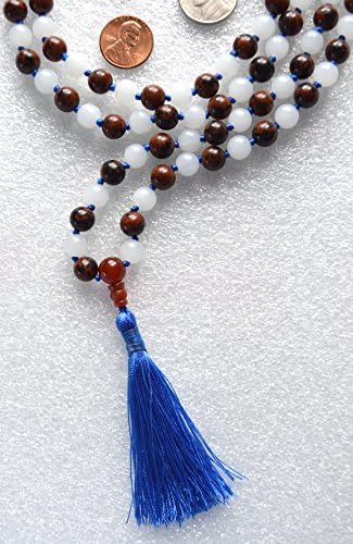 Moonstone and Obsidian Mala Necklace, Hand Knotted 8mm 108 Prayer Beads, Gift for Men Women, Unearth Your Inner Balance