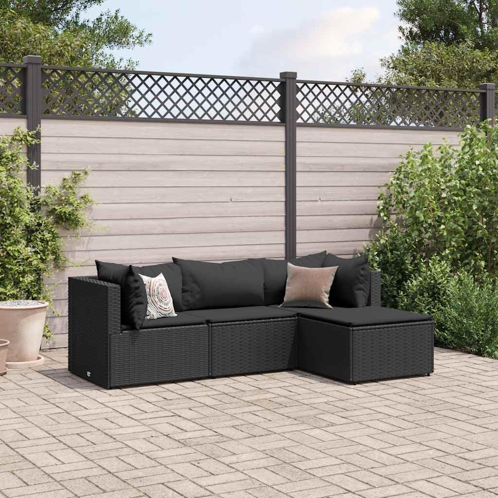 4 Piece Patio Lounge Set with Cushions Black Poly Rattan Garden Furniture