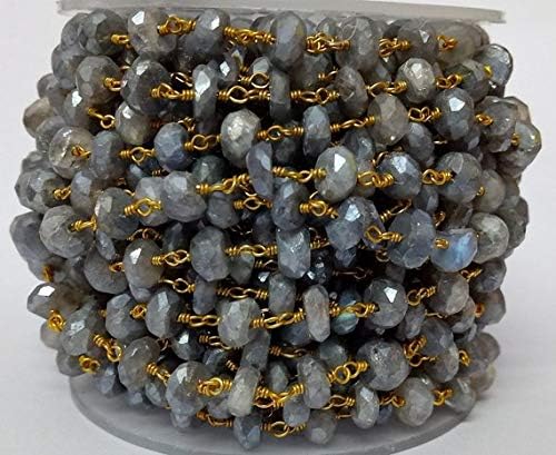 3 feet natural mistique labradorite rosary beaded chain - mystic labradorite beads size 6-7mm - 24k gold plated wire wrapped chain