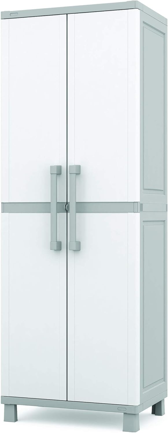 Keter Storage Cabinet with Doors and Shelves for Laundry Room, Garage, Bathroom Accessories, Closet and Home Organization, White & Grey