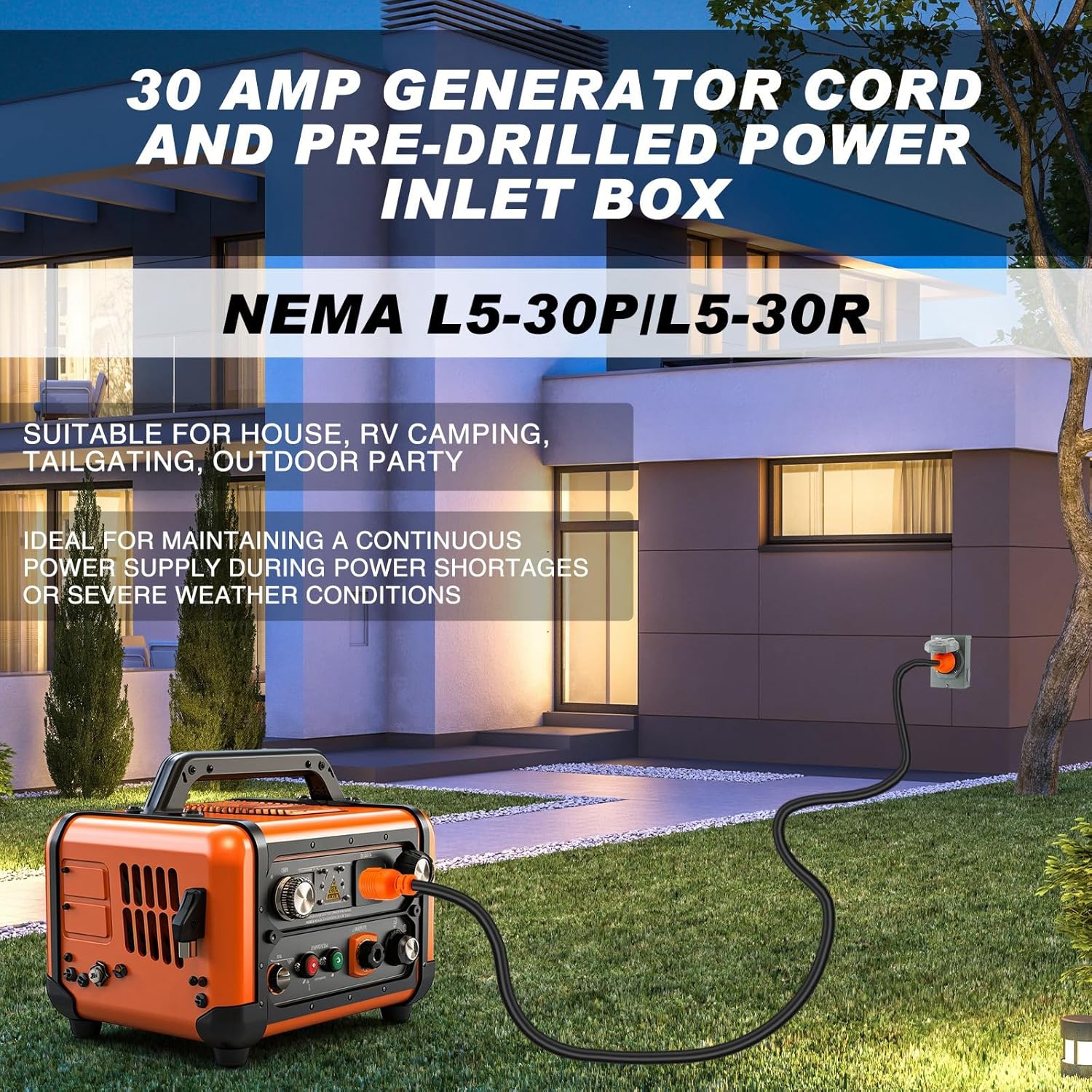 Kanayu 20 ft 30 Amp Generator Rv Extension Cord and Pre-drilled Power Inlet L5-30p/l5-30r Generator Interlock Kit 3 Prong Compatible with Nema 125v/250v 10 Gauge for Home Backup, Etl Listed