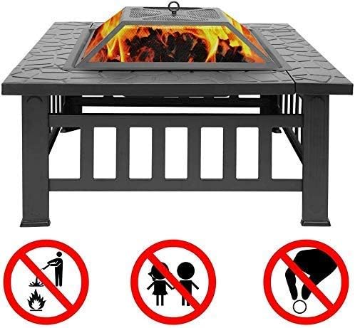 32 Inch Heavy Duty 3 in 1 Metal Square Patio Firepit Table BBQ Garden Oven with Spark Screen Cover Wood Grate and Poker for Wood Burning and Beverage Cooling Outdoors Heating Supplies