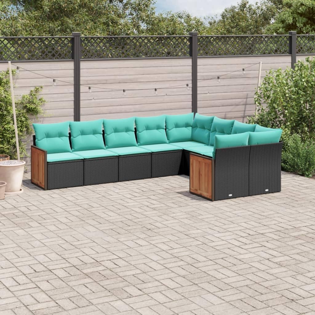 9 Piece Patio Sofa Set with Cushions Black Poly Rattan, Modular Outdoor Furniture with Removable Washable Covers and Storage Function for Backyard Terrace