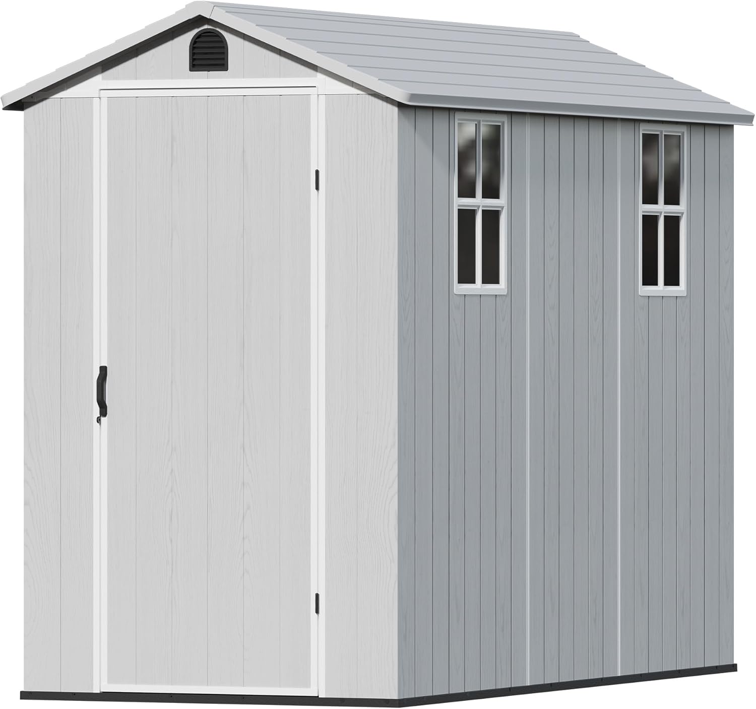 Devoko 4×8 FT Resin Outdoor Storage Shed, Garden Shed with Floor, Lockable Door and Two Windows, Waterproof Outside Plastic shed for Backyard, Bike, Tools, Lawn Mower, Light Grey