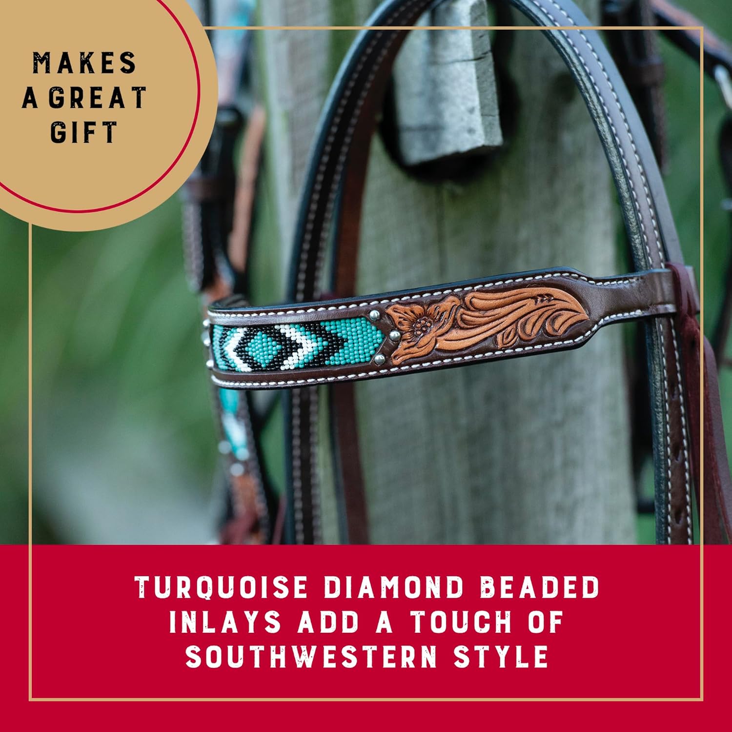 Weaver Leather Turquoise Diamond Beaded Horse Headstall, Leather Headstalls for Horses for Trail Riding, Durable Equine Supplies, Dark Oil