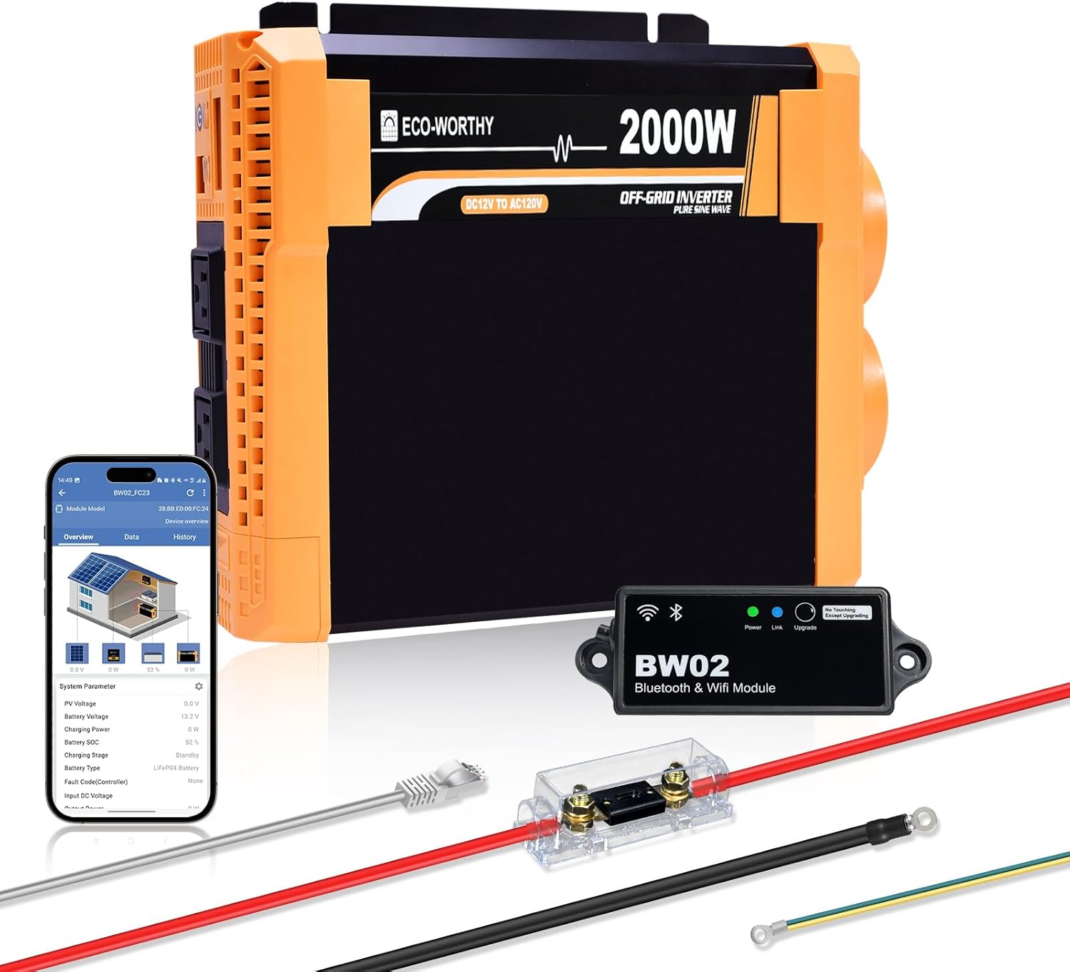 ECO-WORTHY 2000W Pure Sine Wave Solar Inverter, 12V DC to 120V AC, Built-in Dual 18W USB Port, 2 x AC Outlets, 1 x Hardwire Terminal, 1 x 200A Fuse, Remote Controller for RV