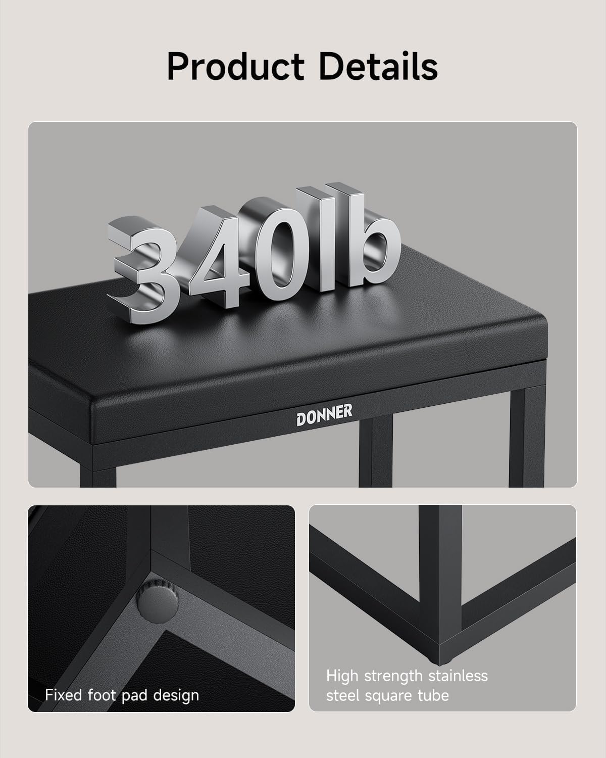 Donner Piano Bench, Home Style Corrosion Resistant Keyboard Stool, Modern Minimalist Design Metal Piano Seat with Thick Padding, Black Piano Chair with Cushion, DKB-200