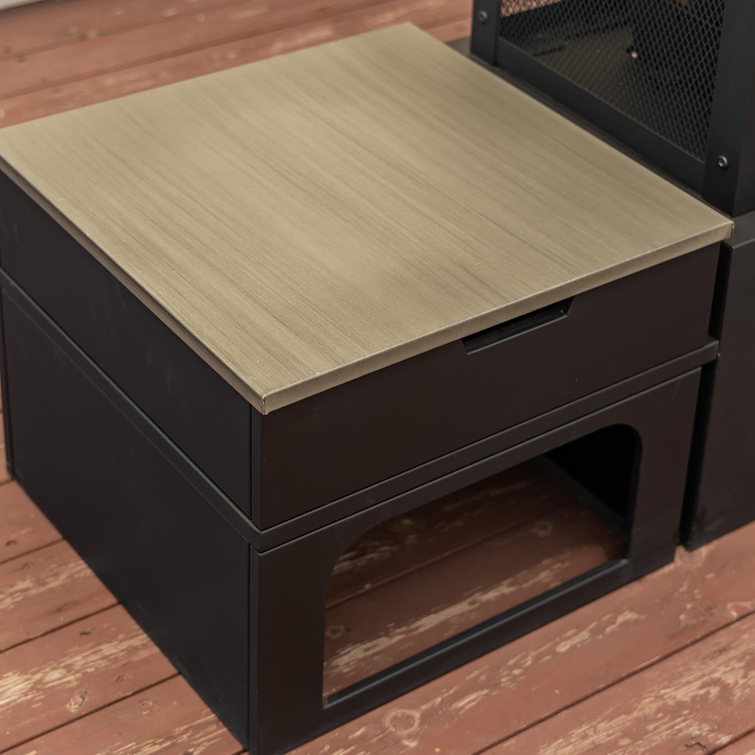 70 Inch Rectangular Outdoor Steel Woodburning Fireplace with Side Tables - Integrated Log Storage and Log Poker