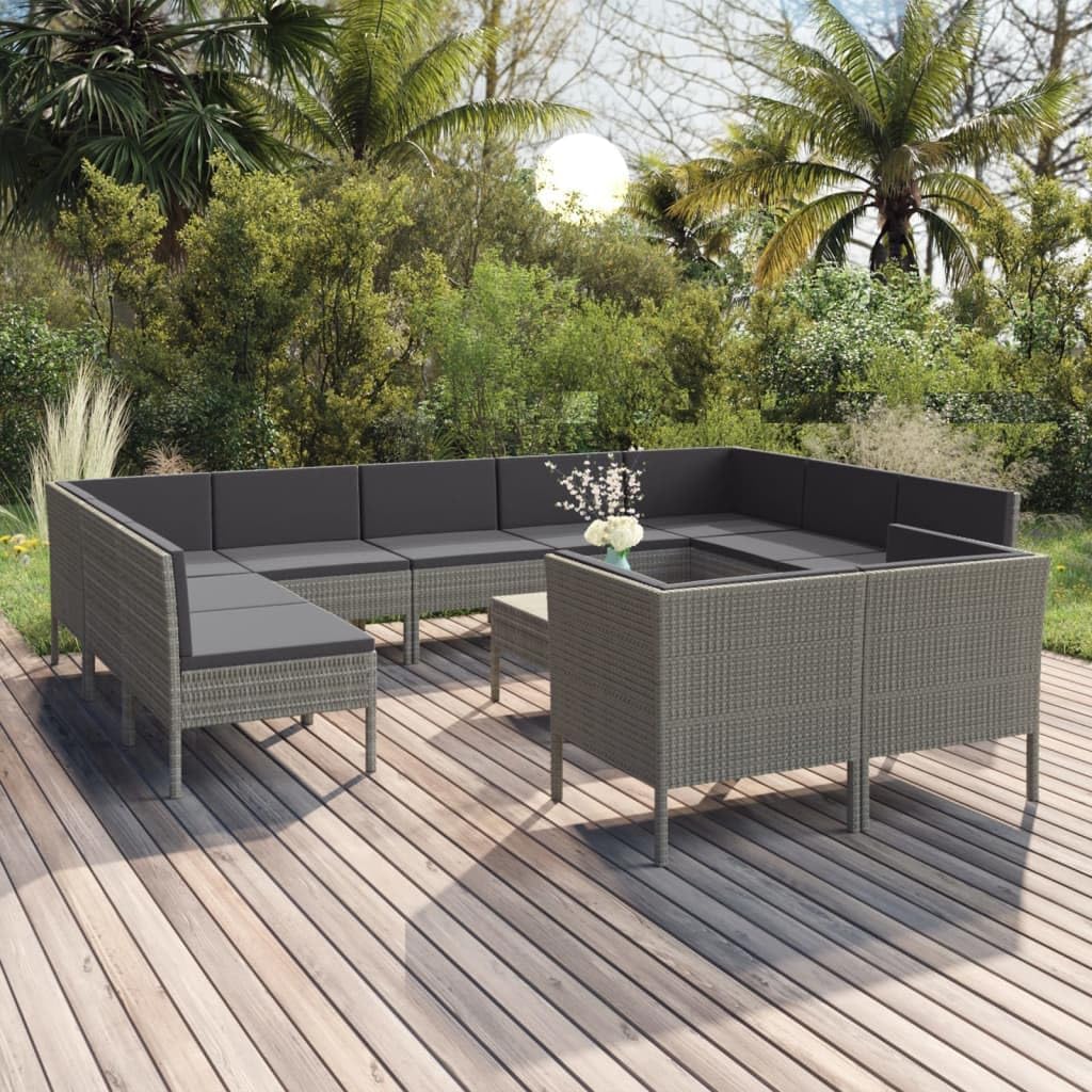 Patio Set 12 Piece Patio Lounge Set with Cushions Poly Rattan Gray