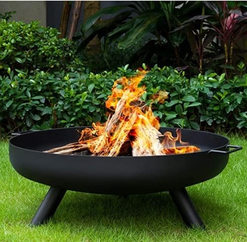 Fire Pit Outdoor Wood Burning Fire Bowl 28in with A Drain Hole Fireplace Extra Deep Large Round Cast Iron Outside d Deck Camping Beach Heavy Duty Metal Grate Rustproof Black