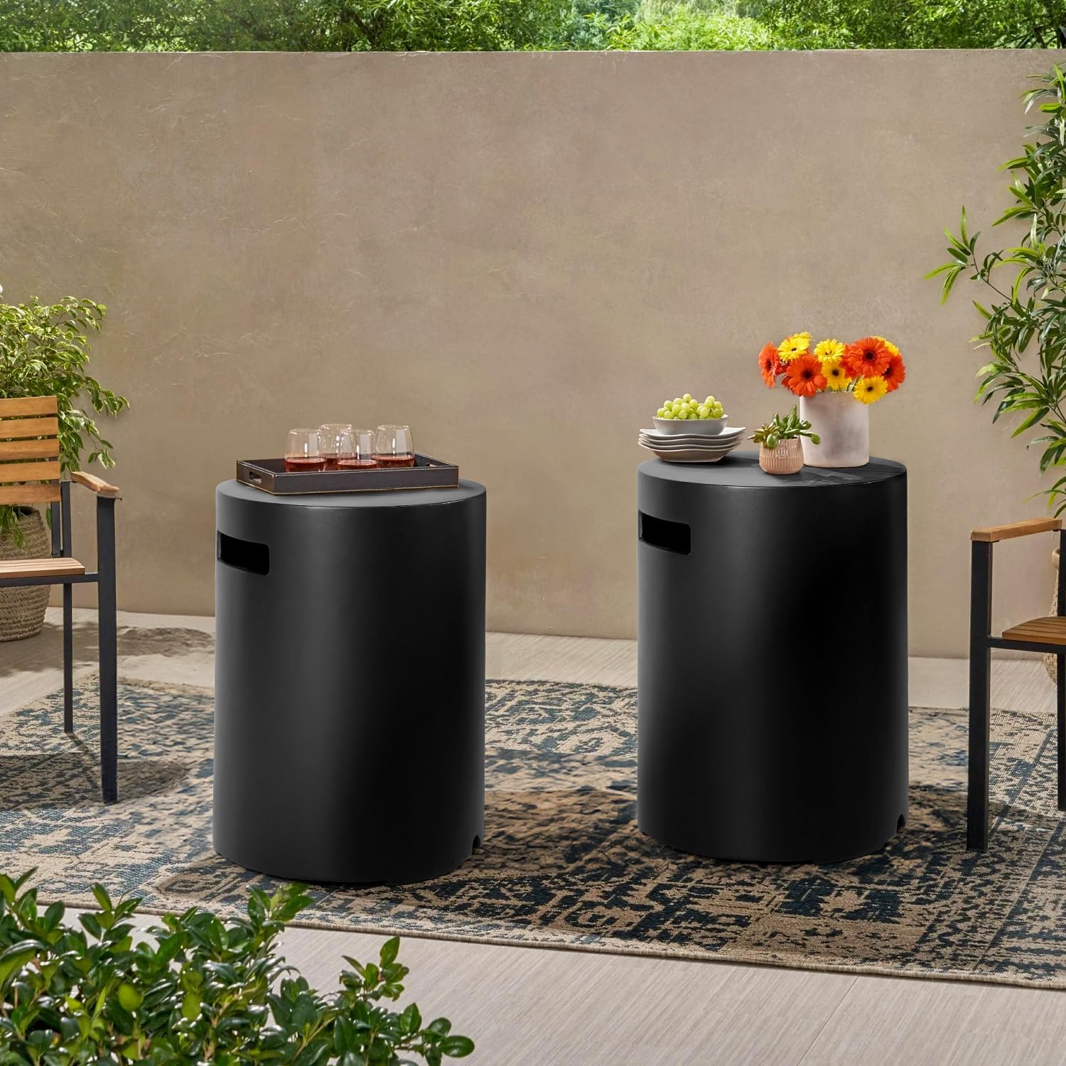 Propane Tank Cover Table Set of 2, Round Concrete Tank Storage Box 20 LB Modern Outdoor Propane Tank Covers Tables Hideaway Table for Gas Fire Pit, Tank Holder with Handles (Black)