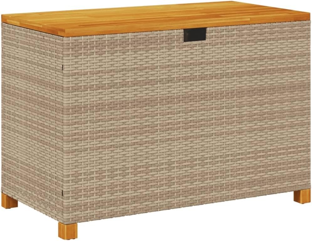 vidaXL Patio Storage Box with Lid – Outdoor Cushion Box/Bench – Beige Poly Rattan & Acacia Wood – 43.3