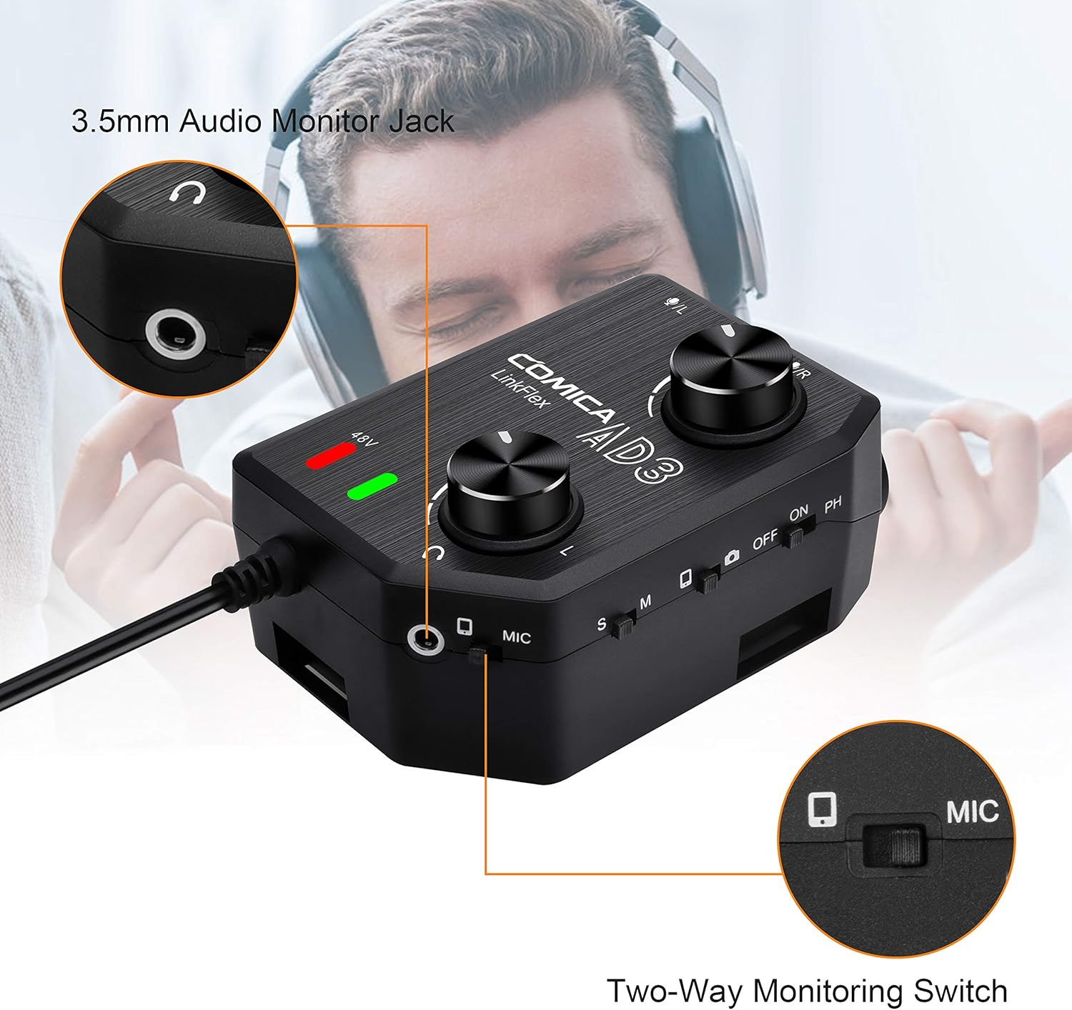 Comica LINKFLEX.AD3 2-Channel XLR/3.5mm/6.35mm Microphone Audio Mixer Preamp with Phantom Power, Real-time Monitoring, Guitar Audio Interface Microphone for DSLR Cameras Camcorders Smartphones Tablets