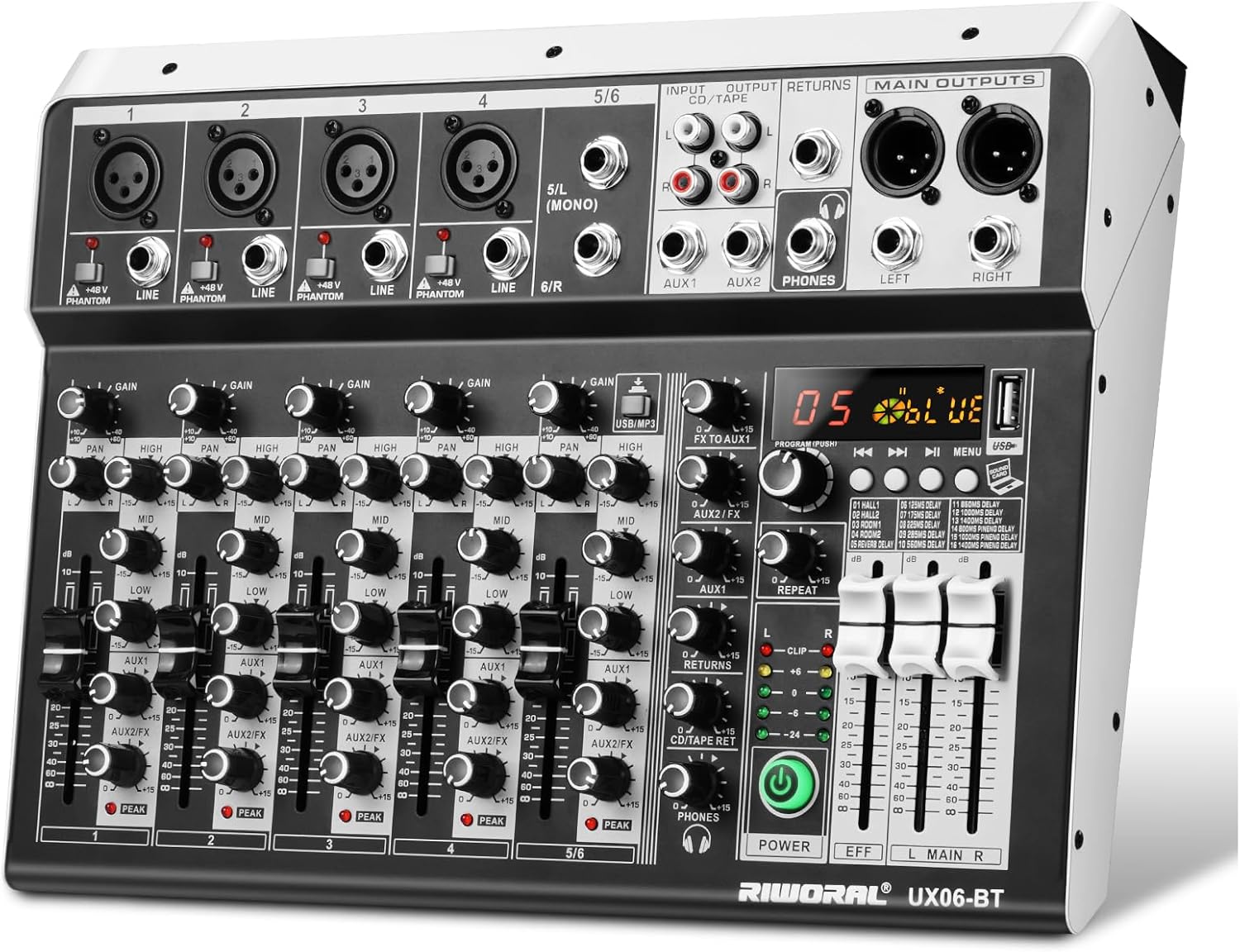 6 Channel Audio Interface Sound Board Mixing Console 16-Bit DSP DJ Mixer Audio Reverb Effect +48V Phantom Bluetooth Studio Audio Mixer For Karaoke Studio Streaming Recording