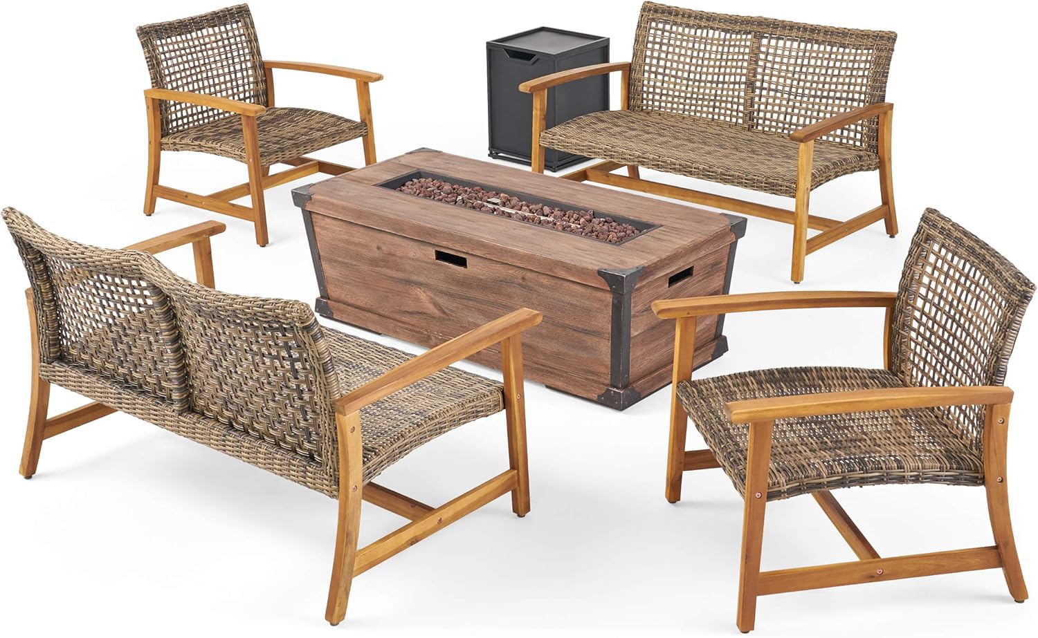 GDFStudio Outdoor 4 Piece Wood and Wicker Chat Set with Fire Pit, Natural with Gray and Brown